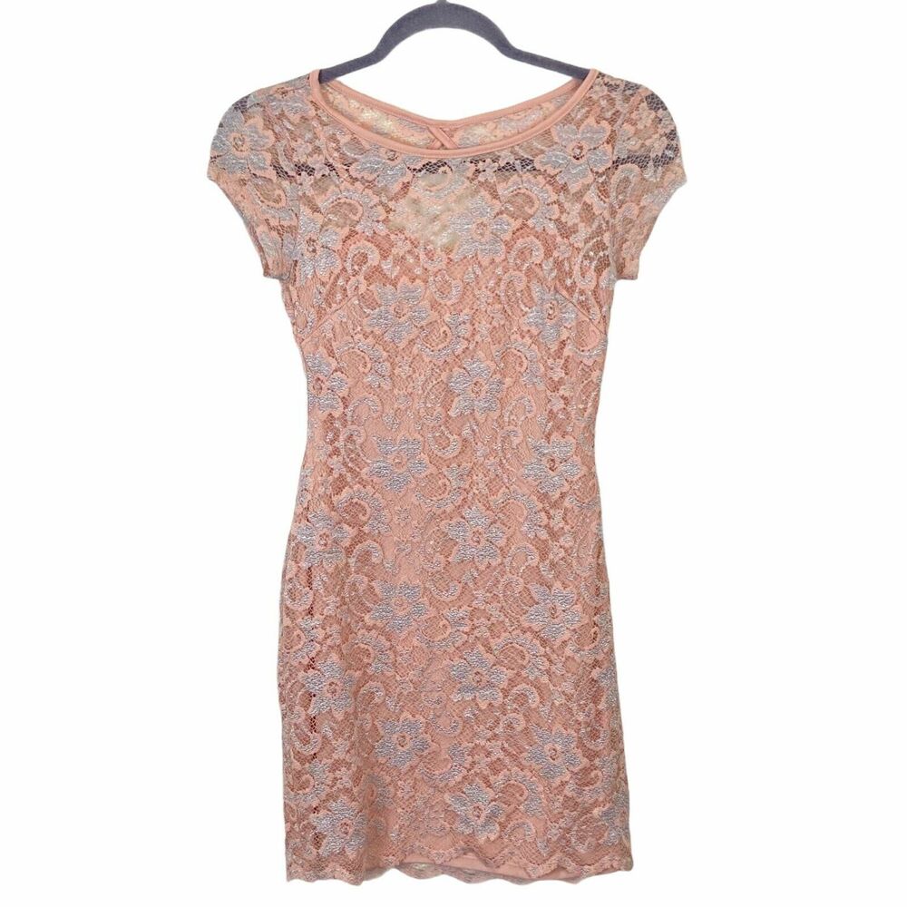 Almost Famous Lace Dress Women's Pink Gray Lace Cap Sleeves Bodycon Size Medium